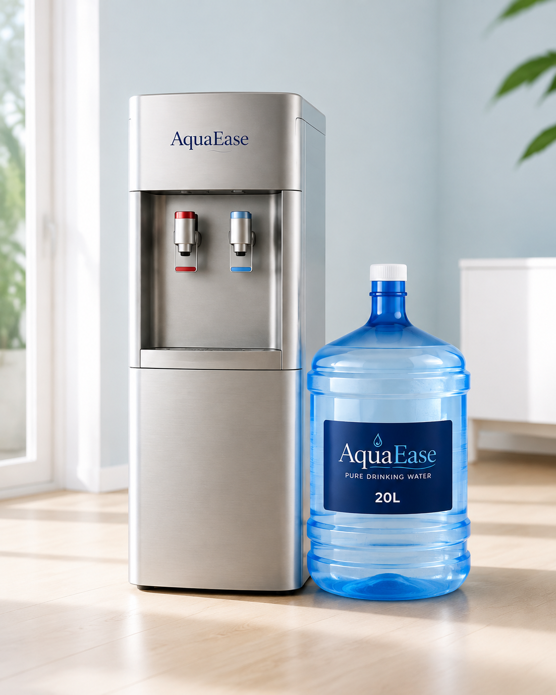 AquaEase stainless steel water cooler and blue 20L bottle in a bright interior